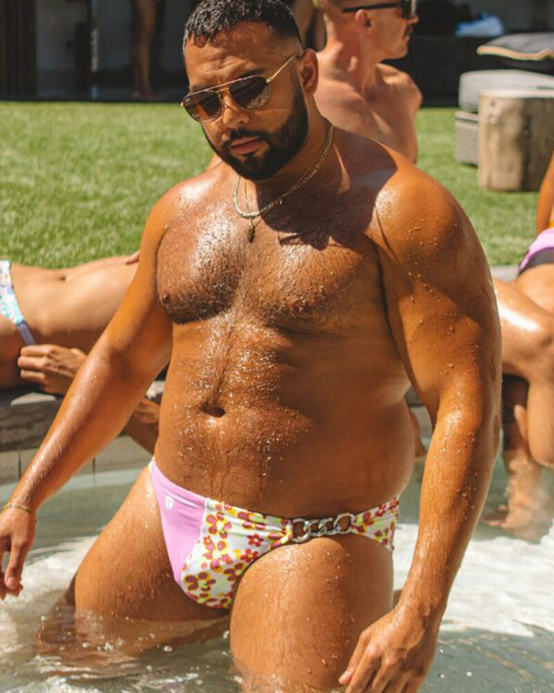 Solid Pink and Florascape Sides - Front Three Quarter View - Custom Bikini Briefs - Battle Gear AZ